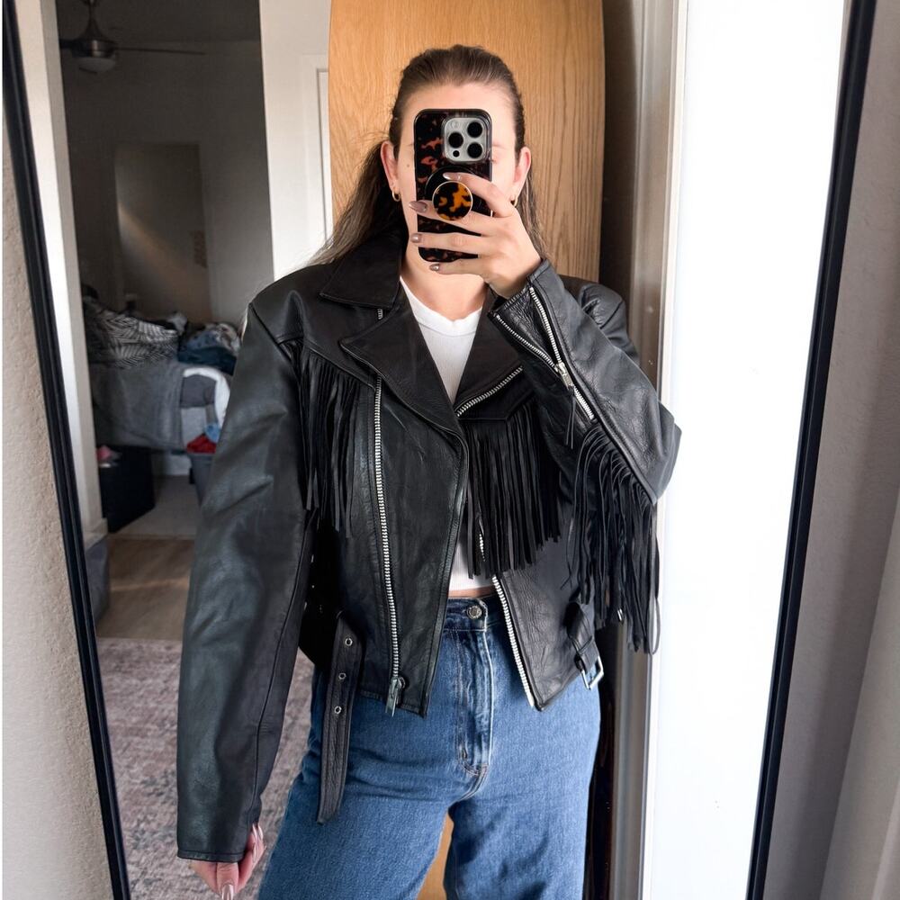 Vintage Hyde Out Leather Black Fringe Leather‎ Jacket